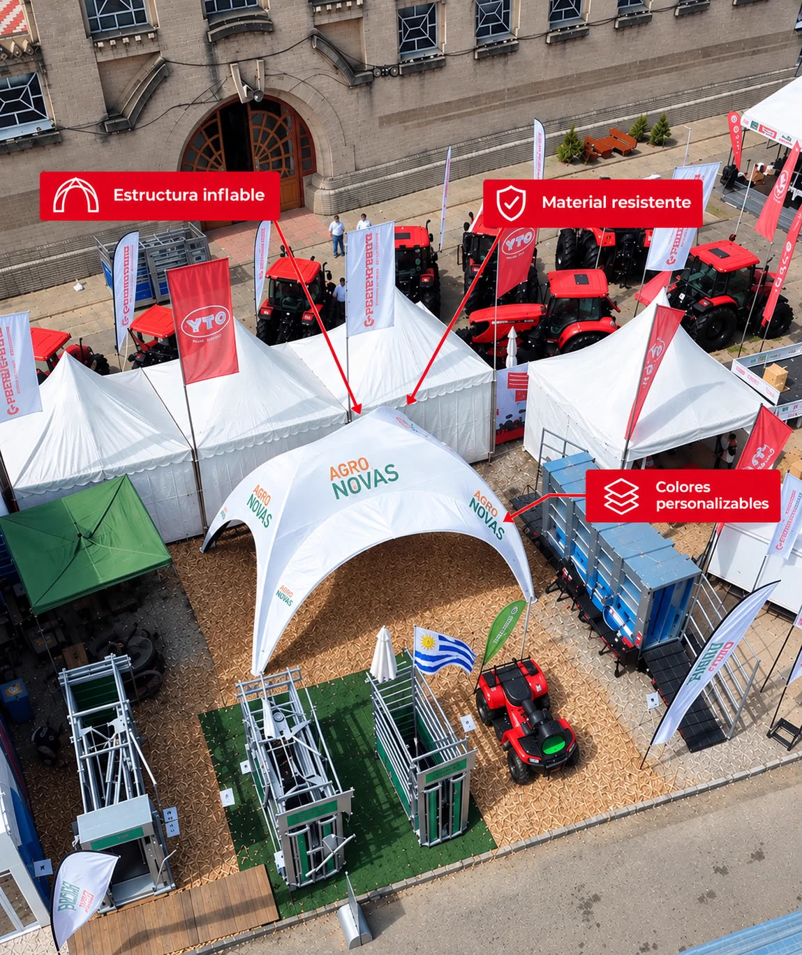 Vista aérea del stand de Agro Novas con la carpa inflable con su marca